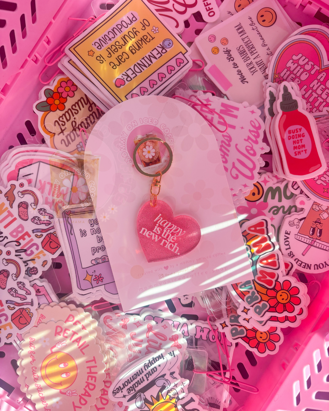 Happy is The New Rich acrylic heart keychain