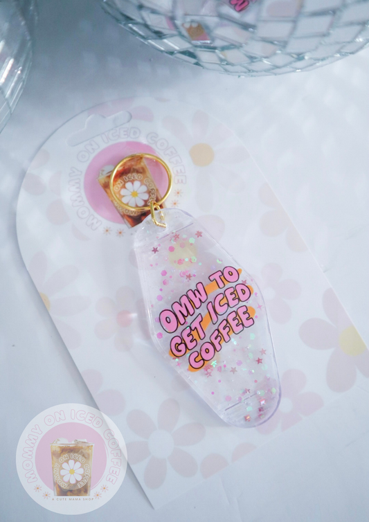 "OMW TO GET ICED COFFEE" glitter keychain