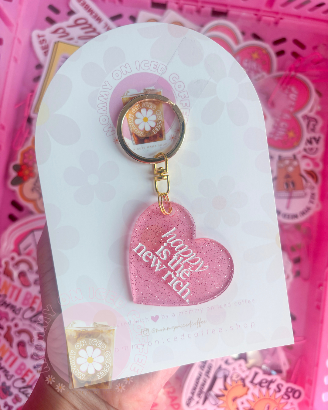 Happy is The New Rich acrylic heart keychain