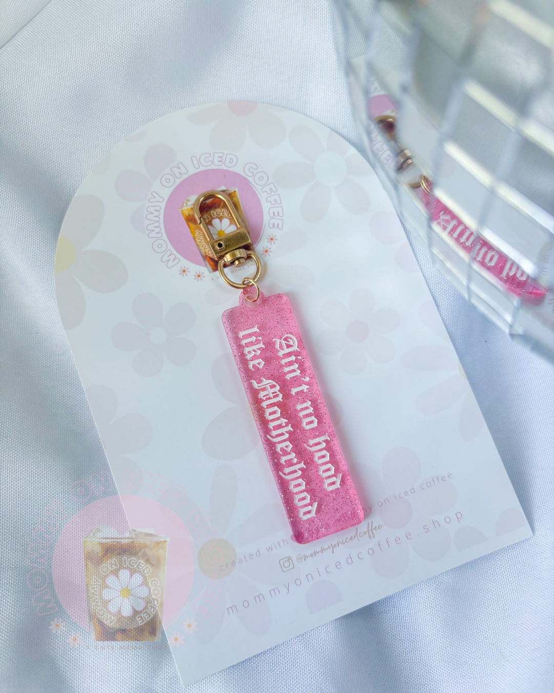 No Hood Like Motherhood glitter keychain