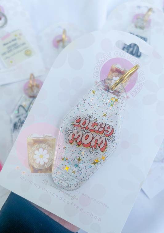 Lucky Mom glitter keychain